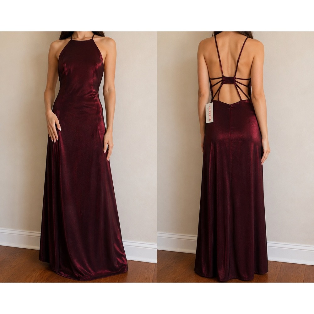 VTG Burgundy Satin Halter Gown XS Open Back Whimsigoth Fairy Grunge Prom Dress
